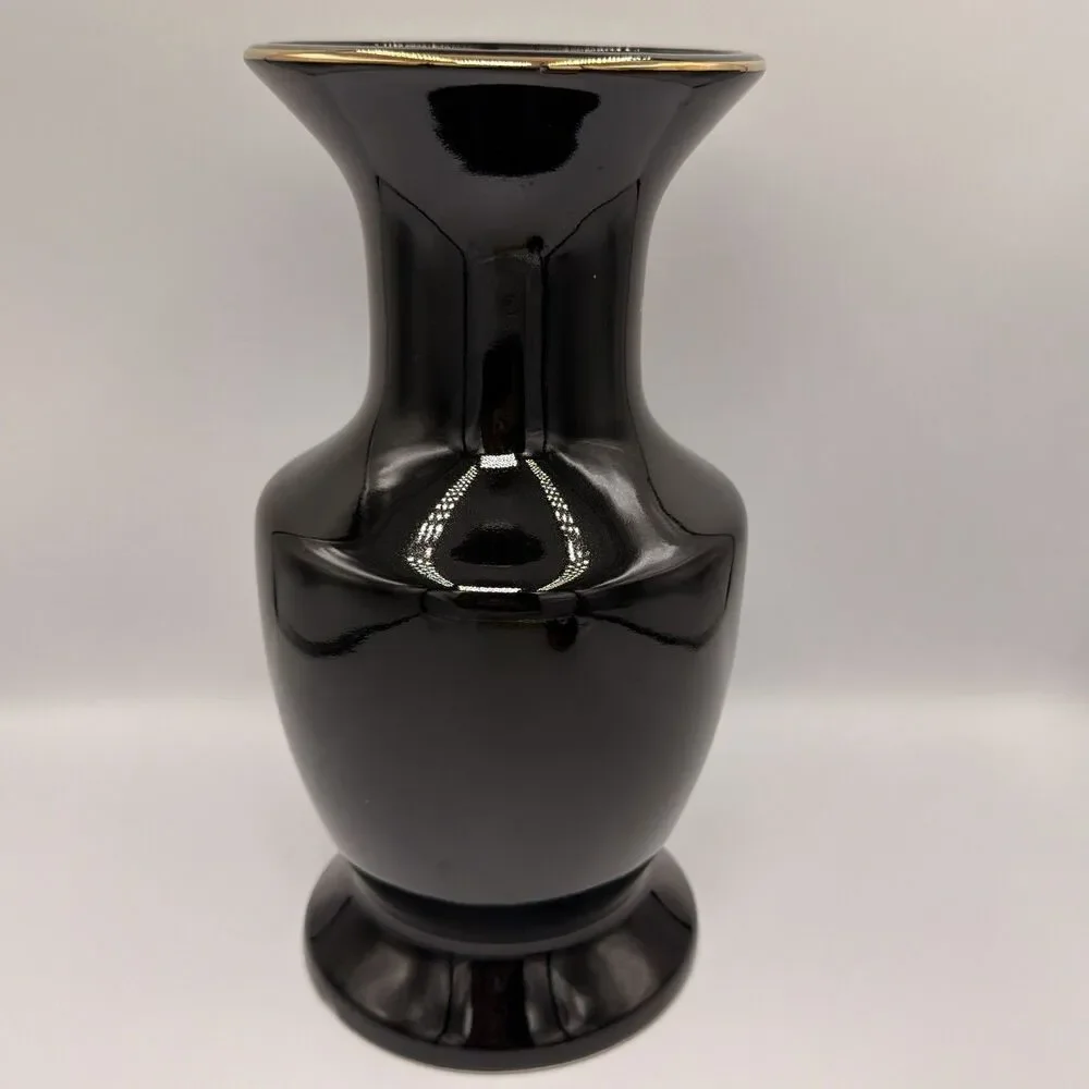 Vintage Japanese Black Peacock Floral Vase 11” Gold Trim Hand Decorated Japan